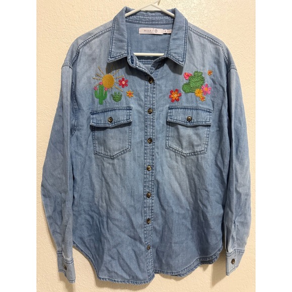 Billy T Womens Desert Embroidered Denim Shirt Blue Cotton Lyocell Cactus Sun M - Picture 3 of 12